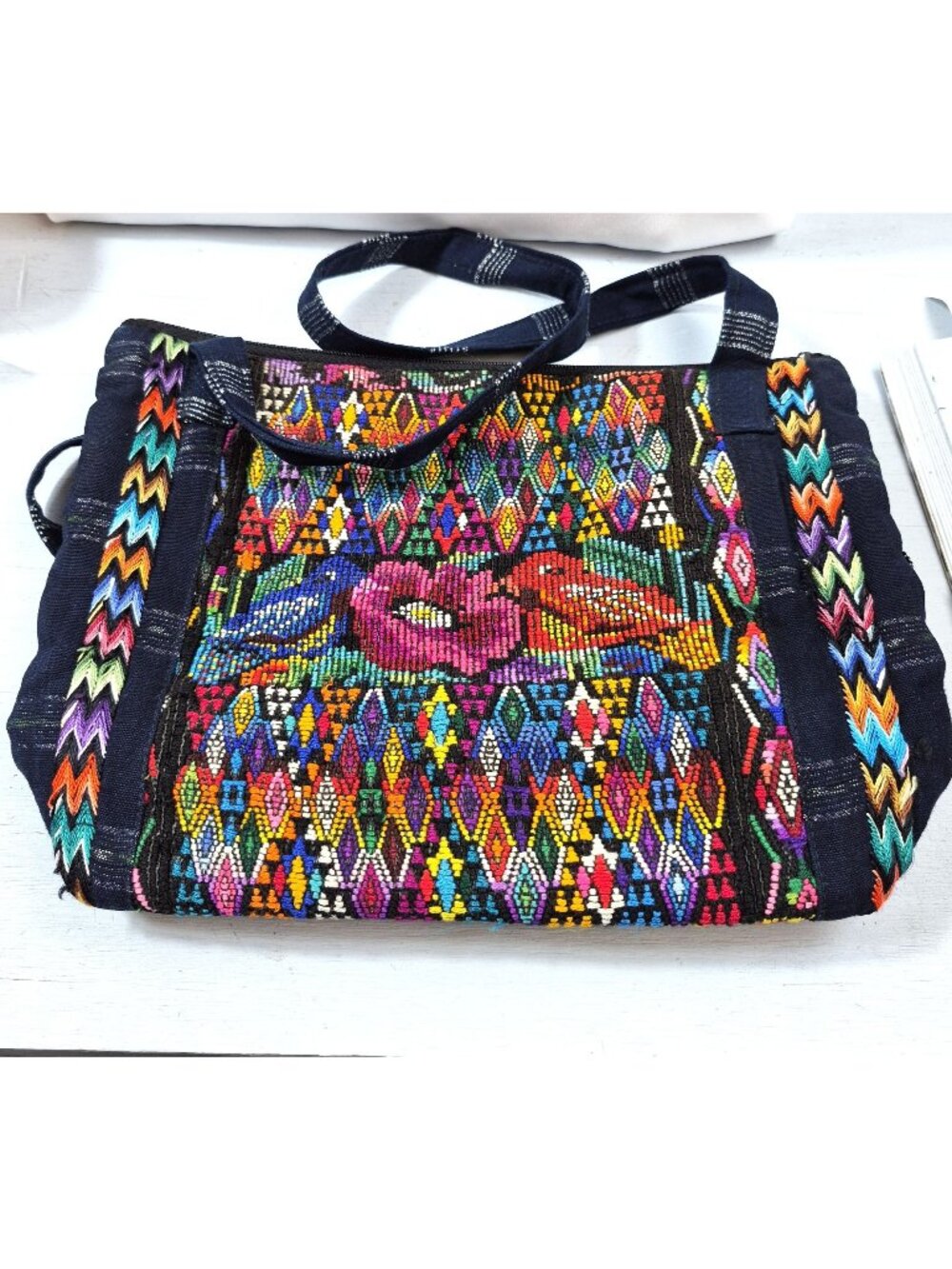 Guatemalian Woven Textile Bag Birds Embroidered Huipil Style Colorful